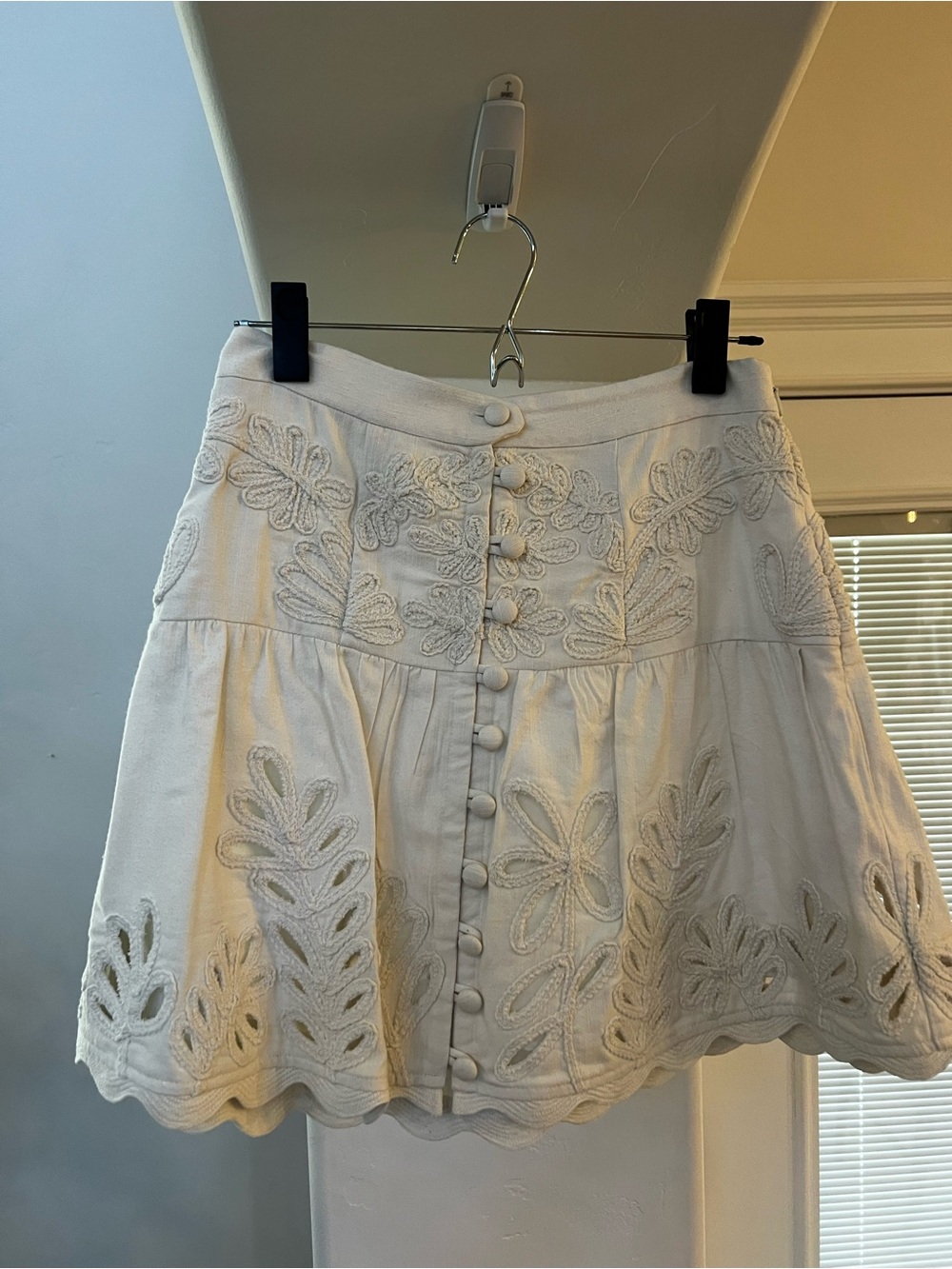 Anthropologie White Embroidered Button-Front Mini Skirt